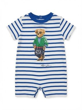 Ralph Lauren Blue and White Striped Bear One-Piece Bodysuit